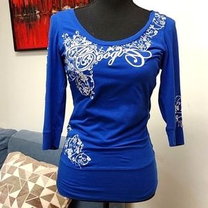 EUC Coogi Vintage Boatneck 3/4 sleeve embroidered top Medium Blue
